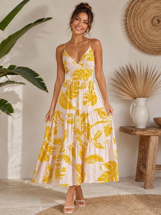 wild fable Dresses & Skirts - wild fable Yellow Leaf-Print on pale pink midi / Maxi Dress NWT